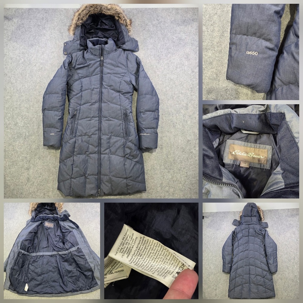 Eddie Bauer Parka Coat Womens S Gray EB650 Down Hooded Faux Fur Quilted Warm